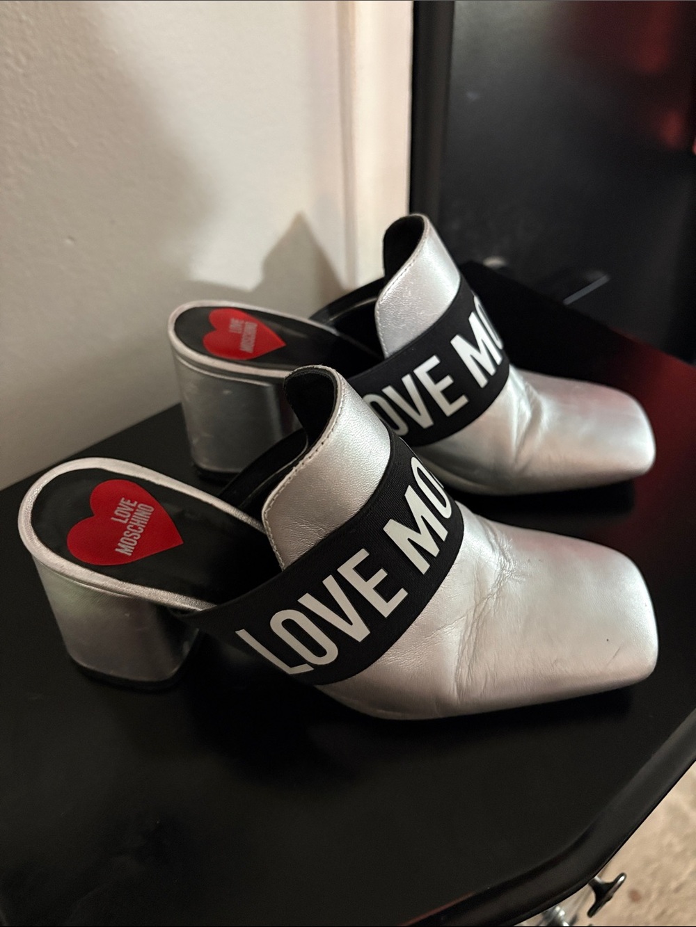 Love Moschino Silver Mules with Black Logo Strap